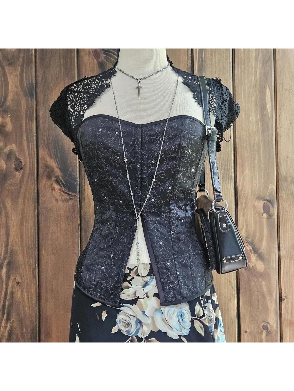 y2k charlotte russe black embroidered corset silver sequin large